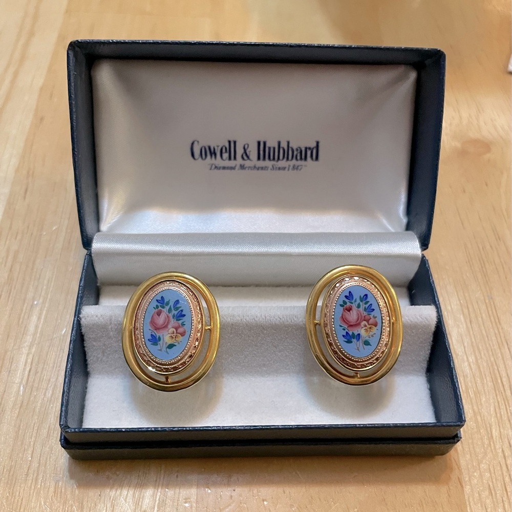 Vintage Cowell & Hubbard Enamel Floral Earrings in Original Box – Collectible